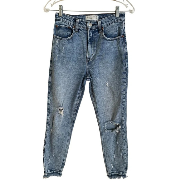 Abercrombie & Fitch size 25/0 The Mom High Rise Jeans Ripped Fray Hem Denim Blue - Picture 1 of 5